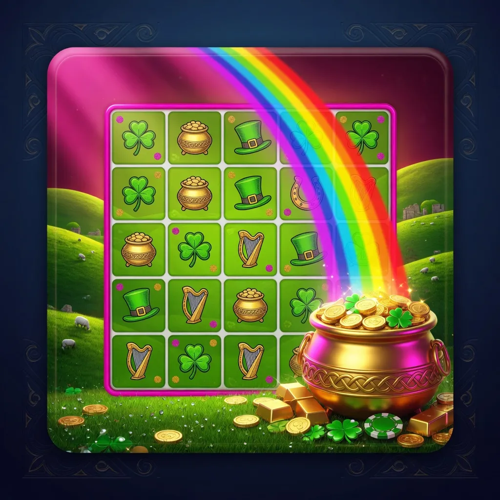 Rainbow Riches themed Slingo free play grid with a pot of gold