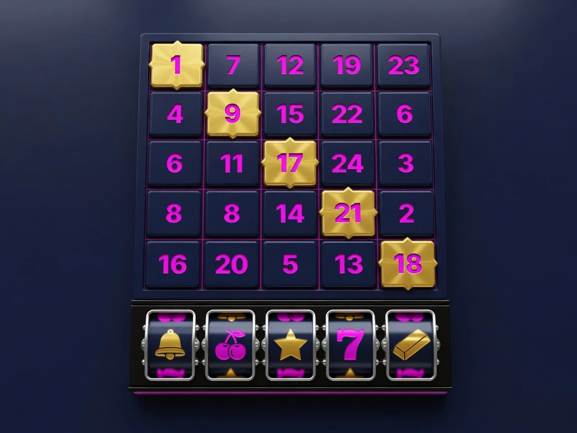 Slingo 5 by 5 grid with a completed gold diagonal and five reels